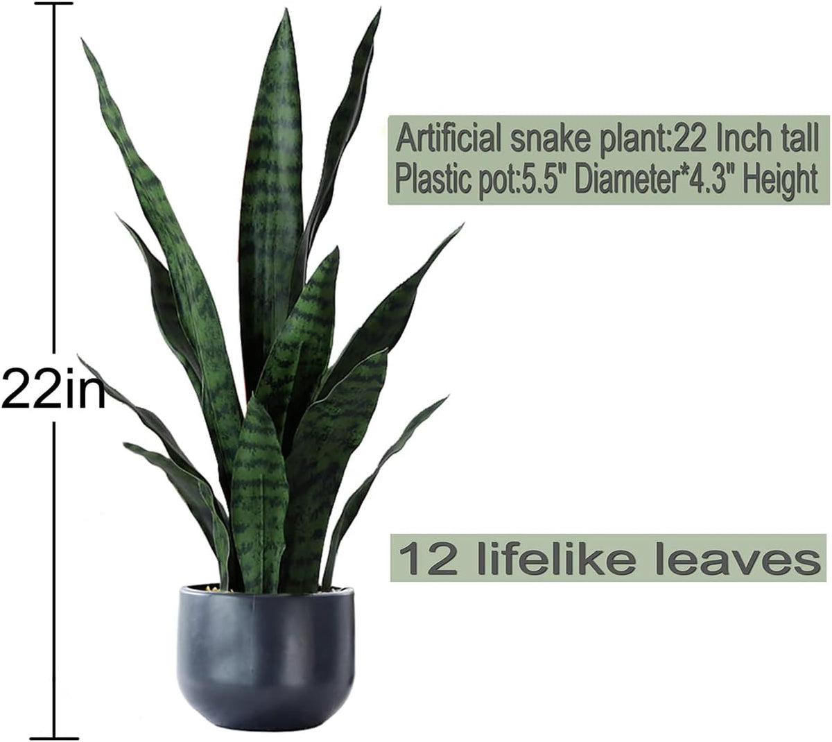 Artificial Plants Sansevieria Snake Plant with Black Plastic Planter Greenery Perfect Faux Agave Fake Plants in Pot for Home Office Indoor and Outdoo Décor (22" Green)