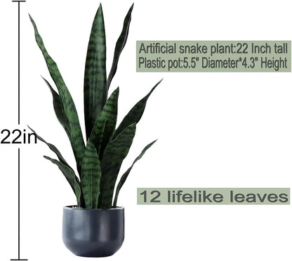Artificial Plants Sansevieria Snake Plant with Black Plastic Planter Greenery Perfect Faux Agave Fake Plants in Pot for Home Office Indoor and Outdoo Décor (22" Green)