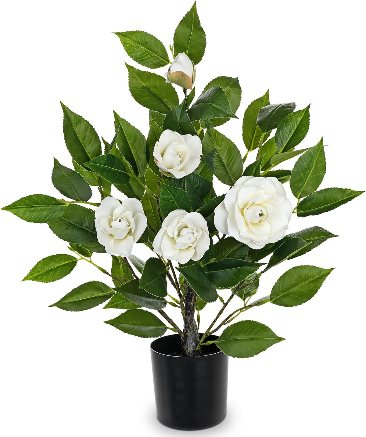Small Artificial Camellia Roses Potted - 17.7" White Faux Camellia Rose Mini Tree Fake Flower Plant Artificial Plants & Flowers Indoor with Planter for Home Office Living Room Porch Arrangement Decor