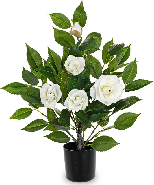 Small Artificial Camellia Roses Potted - 17.7" White Faux Camellia Rose Mini Tree Fake Flower Plant Artificial Plants & Flowers Indoor with Planter for Home Office Living Room Porch Arrangement Decor