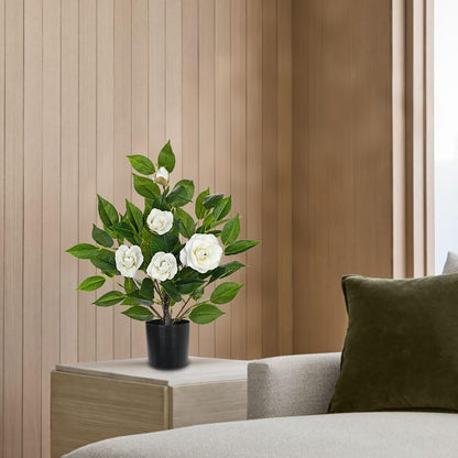 Small Artificial Camellia Roses Potted - 17.7" White Faux Camellia Rose Mini Tree Fake Flower Plant Artificial Plants & Flowers Indoor with Planter for Home Office Living Room Porch Arrangement Decor