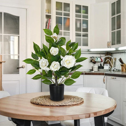 Small Artificial Camellia Roses Potted - 17.7" White Faux Camellia Rose Mini Tree Fake Flower Plant Artificial Plants & Flowers Indoor with Planter for Home Office Living Room Porch Arrangement Decor