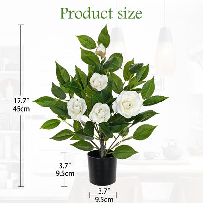 Small Artificial Camellia Roses Potted - 17.7" White Faux Camellia Rose Mini Tree Fake Flower Plant Artificial Plants & Flowers Indoor with Planter for Home Office Living Room Porch Arrangement Decor