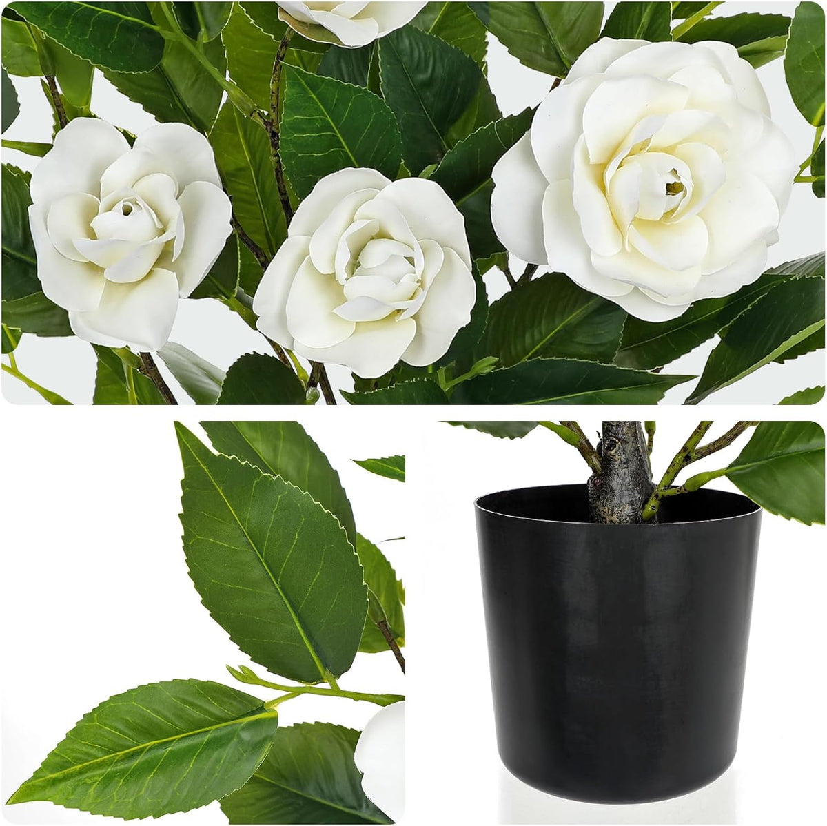 Small Artificial Camellia Roses Potted - 17.7" White Faux Camellia Rose Mini Tree Fake Flower Plant Artificial Plants & Flowers Indoor with Planter for Home Office Living Room Porch Arrangement Decor