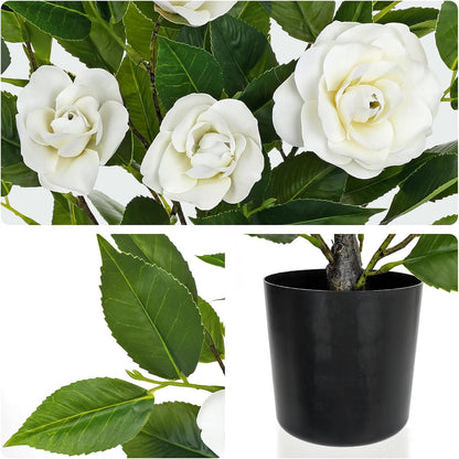 Small Artificial Camellia Roses Potted - 17.7" White Faux Camellia Rose Mini Tree Fake Flower Plant Artificial Plants & Flowers Indoor with Planter for Home Office Living Room Porch Arrangement Decor