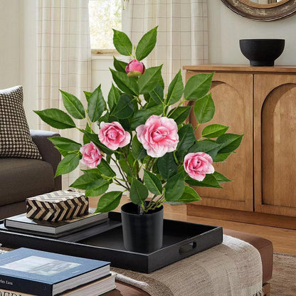Small Artificial Camellia Roses Potted - 17.7" White Faux Camellia Rose Mini Tree Fake Flower Plant Artificial Plants & Flowers Indoor with Planter for Home Office Living Room Porch Arrangement Decor