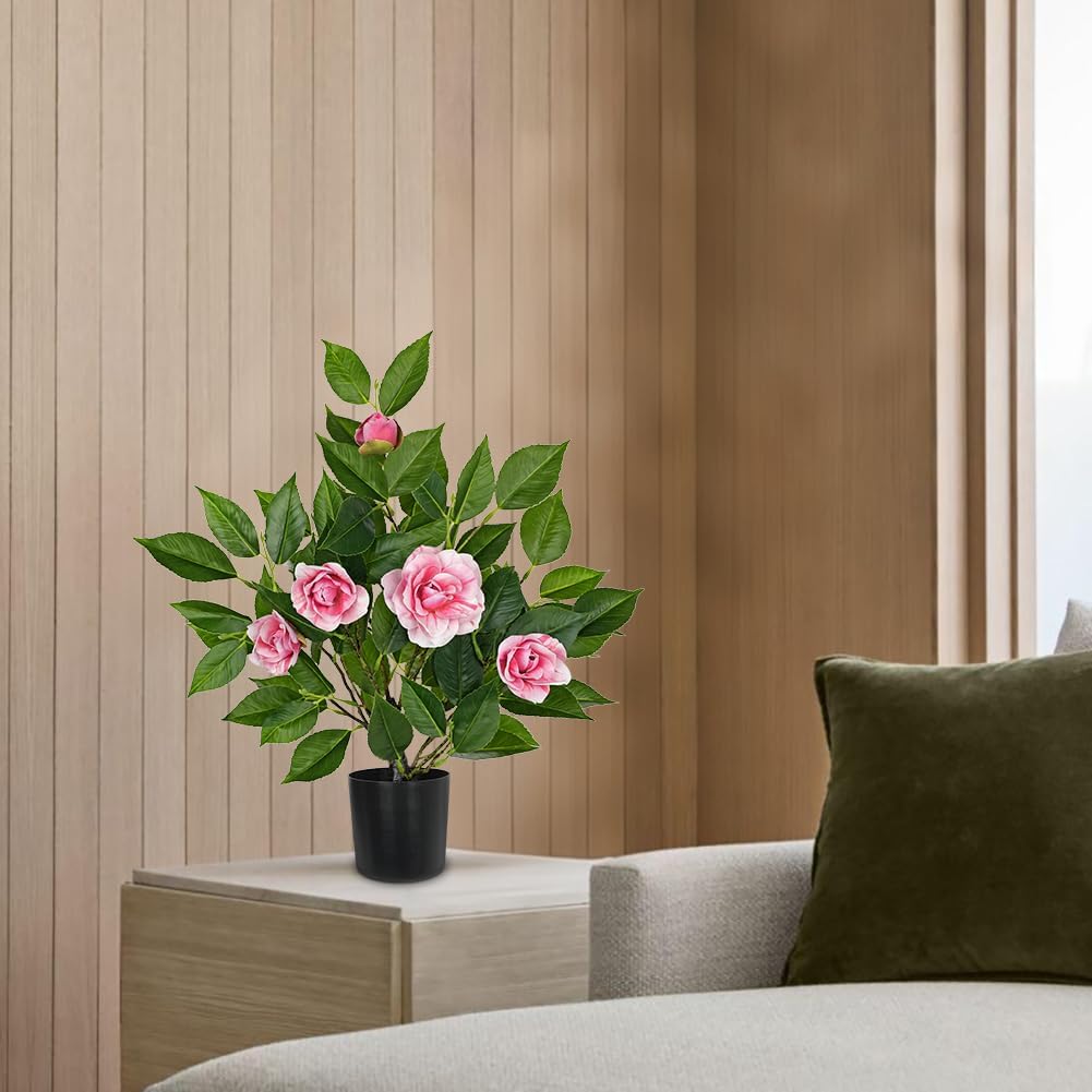 Small Artificial Camellia Roses Potted - 17.7" White Faux Camellia Rose Mini Tree Fake Flower Plant Artificial Plants & Flowers Indoor with Planter for Home Office Living Room Porch Arrangement Decor