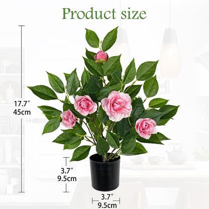 Small Artificial Camellia Roses Potted - 17.7" White Faux Camellia Rose Mini Tree Fake Flower Plant Artificial Plants & Flowers Indoor with Planter for Home Office Living Room Porch Arrangement Decor