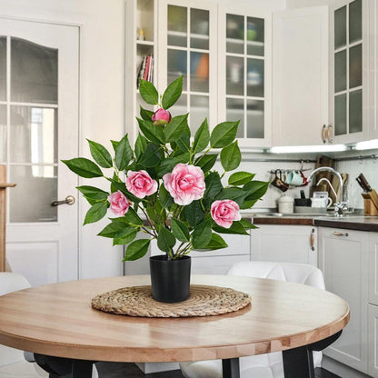 Small Artificial Camellia Roses Potted - 17.7" White Faux Camellia Rose Mini Tree Fake Flower Plant Artificial Plants & Flowers Indoor with Planter for Home Office Living Room Porch Arrangement Decor