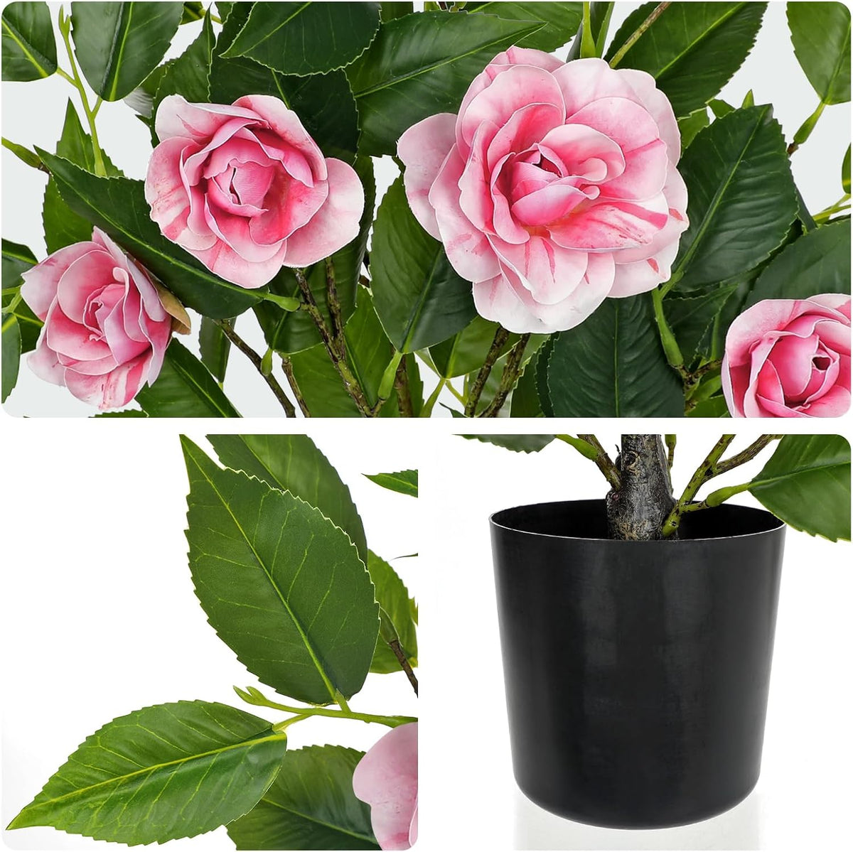 Small Artificial Camellia Roses Potted - 17.7" White Faux Camellia Rose Mini Tree Fake Flower Plant Artificial Plants & Flowers Indoor with Planter for Home Office Living Room Porch Arrangement Decor