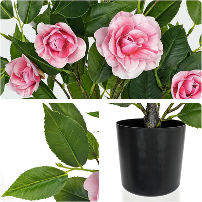 Small Artificial Camellia Roses Potted - 17.7" White Faux Camellia Rose Mini Tree Fake Flower Plant Artificial Plants & Flowers Indoor with Planter for Home Office Living Room Porch Arrangement Decor