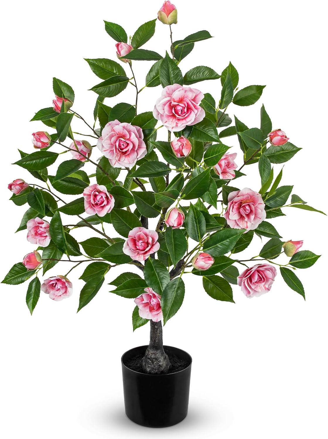 Small Artificial Camellia Roses Potted - 17.7" White Faux Camellia Rose Mini Tree Fake Flower Plant Artificial Plants & Flowers Indoor with Planter for Home Office Living Room Porch Arrangement Decor