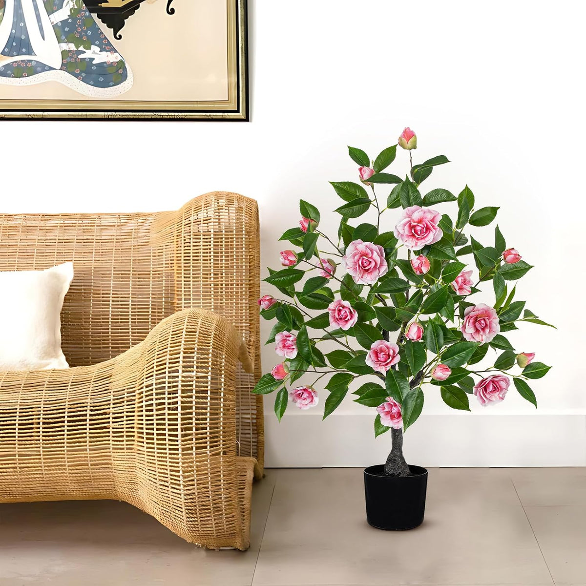 Small Artificial Camellia Roses Potted - 17.7" White Faux Camellia Rose Mini Tree Fake Flower Plant Artificial Plants & Flowers Indoor with Planter for Home Office Living Room Porch Arrangement Decor