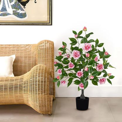 Small Artificial Camellia Roses Potted - 17.7" White Faux Camellia Rose Mini Tree Fake Flower Plant Artificial Plants & Flowers Indoor with Planter for Home Office Living Room Porch Arrangement Decor