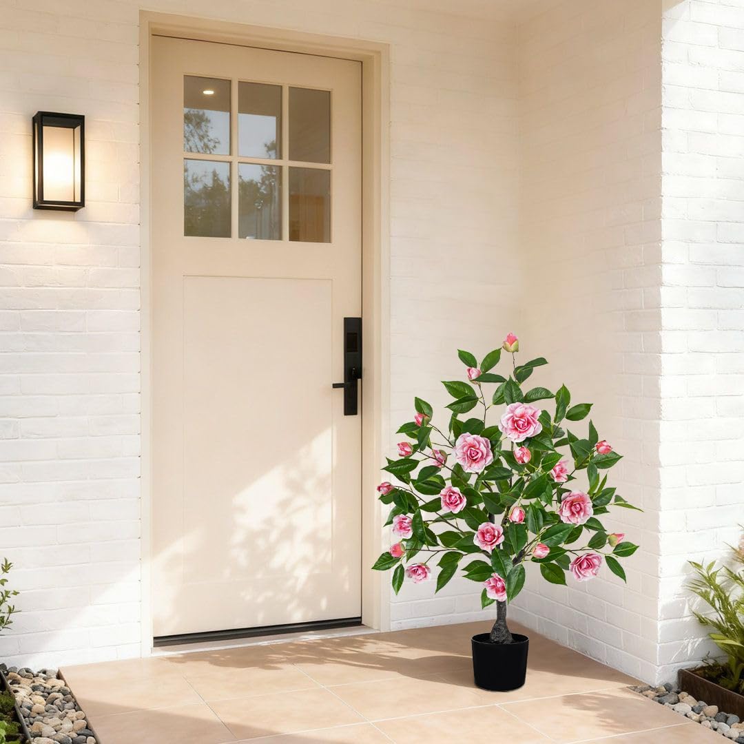 Small Artificial Camellia Roses Potted - 17.7" White Faux Camellia Rose Mini Tree Fake Flower Plant Artificial Plants & Flowers Indoor with Planter for Home Office Living Room Porch Arrangement Decor