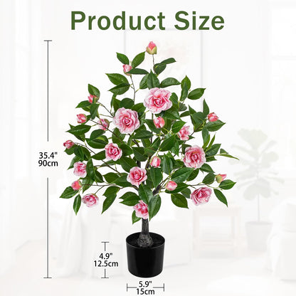 Small Artificial Camellia Roses Potted - 17.7" White Faux Camellia Rose Mini Tree Fake Flower Plant Artificial Plants & Flowers Indoor with Planter for Home Office Living Room Porch Arrangement Decor