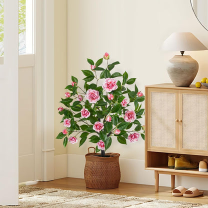 Small Artificial Camellia Roses Potted - 17.7" White Faux Camellia Rose Mini Tree Fake Flower Plant Artificial Plants & Flowers Indoor with Planter for Home Office Living Room Porch Arrangement Decor