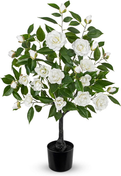 Small Artificial Camellia Roses Potted - 17.7" White Faux Camellia Rose Mini Tree Fake Flower Plant Artificial Plants & Flowers Indoor with Planter for Home Office Living Room Porch Arrangement Decor