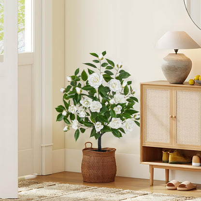 Small Artificial Camellia Roses Potted - 17.7" White Faux Camellia Rose Mini Tree Fake Flower Plant Artificial Plants & Flowers Indoor with Planter for Home Office Living Room Porch Arrangement Decor