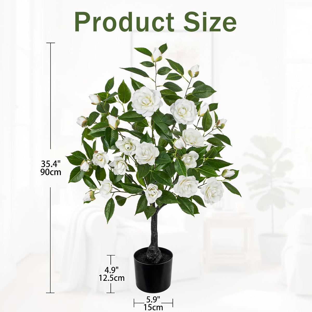 Small Artificial Camellia Roses Potted - 17.7" White Faux Camellia Rose Mini Tree Fake Flower Plant Artificial Plants & Flowers Indoor with Planter for Home Office Living Room Porch Arrangement Decor