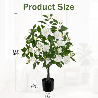 Small Artificial Camellia Roses Potted - 17.7" White Faux Camellia Rose Mini Tree Fake Flower Plant Artificial Plants & Flowers Indoor with Planter for Home Office Living Room Porch Arrangement Decor