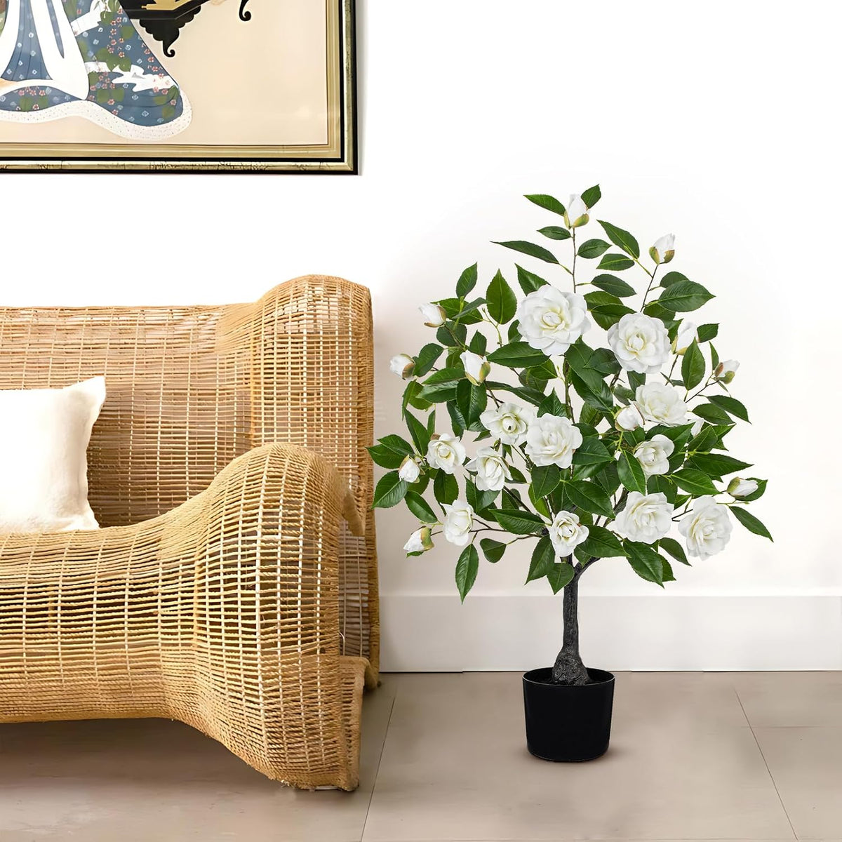 Small Artificial Camellia Roses Potted - 17.7" White Faux Camellia Rose Mini Tree Fake Flower Plant Artificial Plants & Flowers Indoor with Planter for Home Office Living Room Porch Arrangement Decor