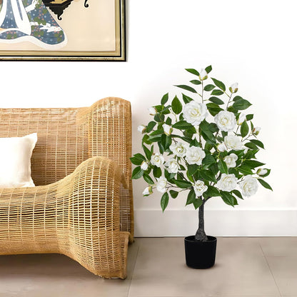 Small Artificial Camellia Roses Potted - 17.7" White Faux Camellia Rose Mini Tree Fake Flower Plant Artificial Plants & Flowers Indoor with Planter for Home Office Living Room Porch Arrangement Decor
