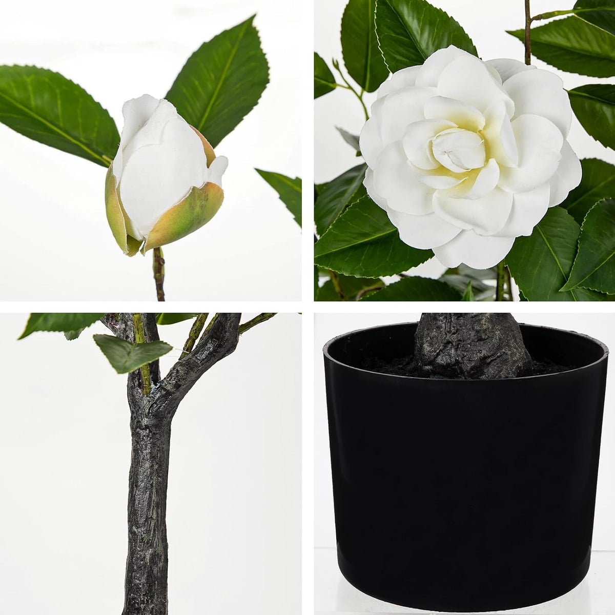 Small Artificial Camellia Roses Potted - 17.7" White Faux Camellia Rose Mini Tree Fake Flower Plant Artificial Plants & Flowers Indoor with Planter for Home Office Living Room Porch Arrangement Decor