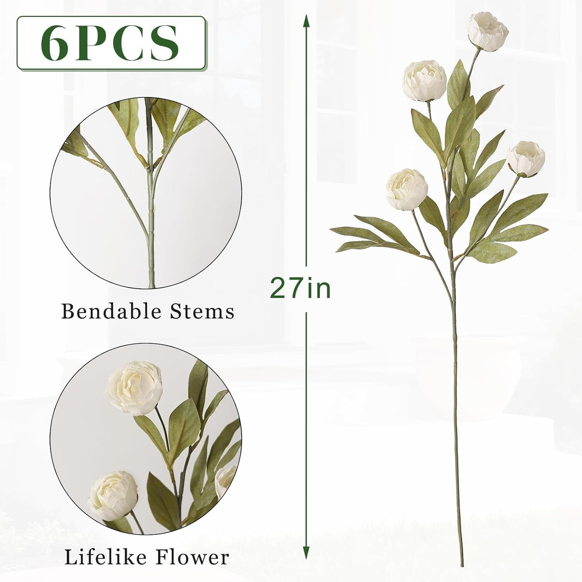 6 Pcs 27" Artificial Peony Silk Flower Stems for Vase Decor(Cream)
