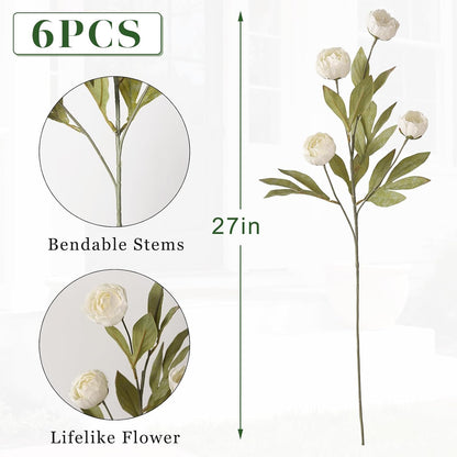 6 Pcs 27" Artificial Peony Silk Flower Stems for Vase Decor(Cream)