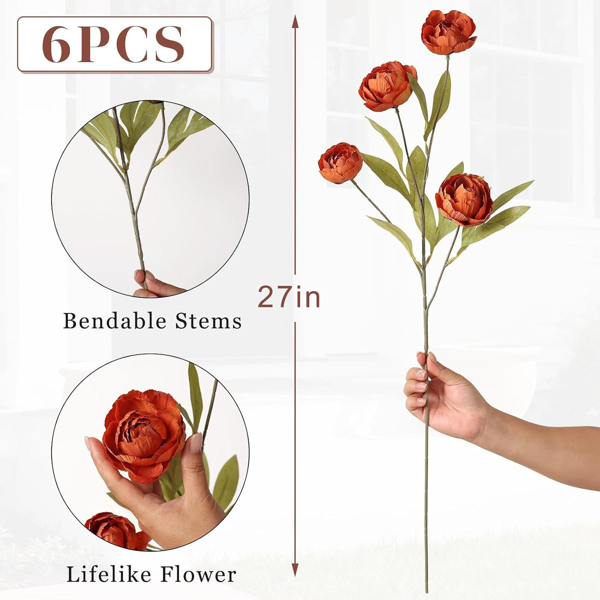 6 Pcs 27" Artificial Peony Silk Flower Stems for Vase Decor(Cream)