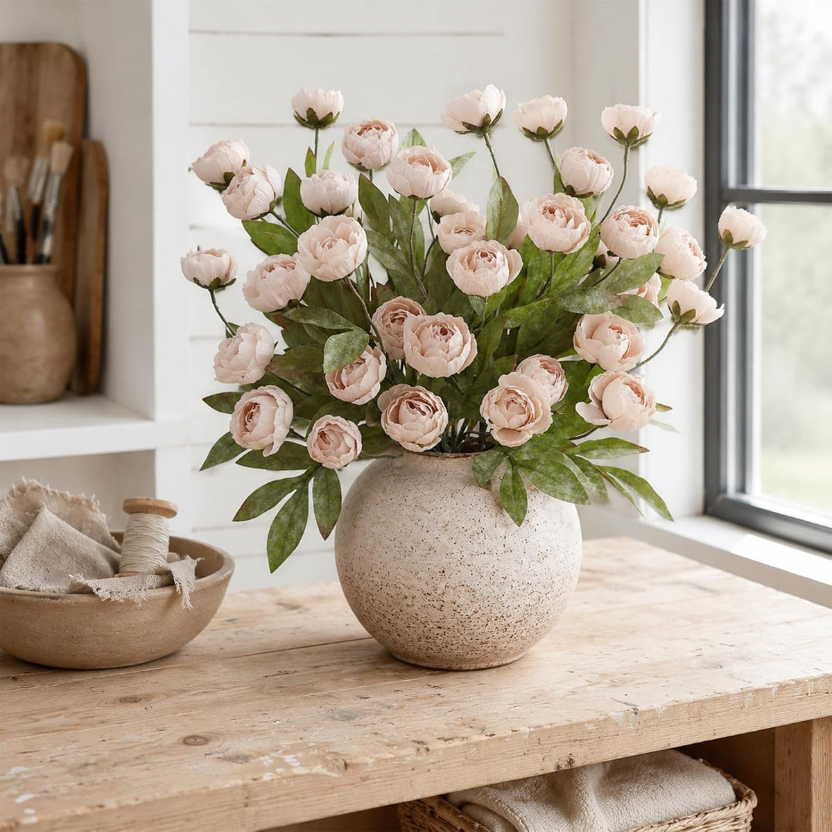 6 Pcs 27" Artificial Peony Silk Flower Stems for Vase Decor(Cream)