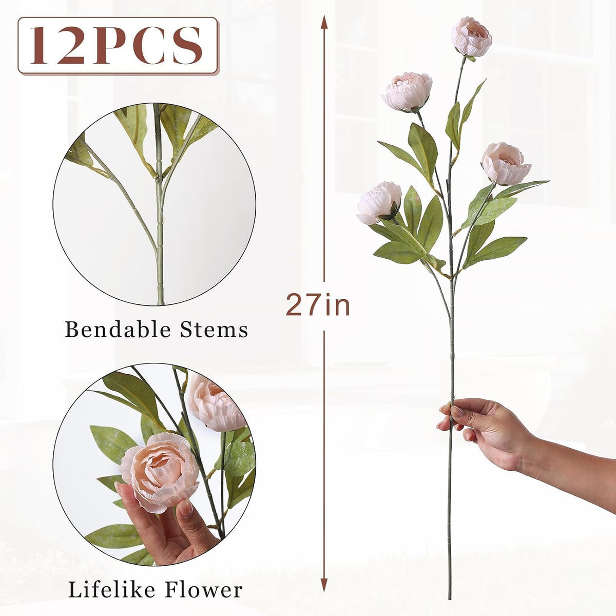 6 Pcs 27" Artificial Peony Silk Flower Stems for Vase Decor(Cream)