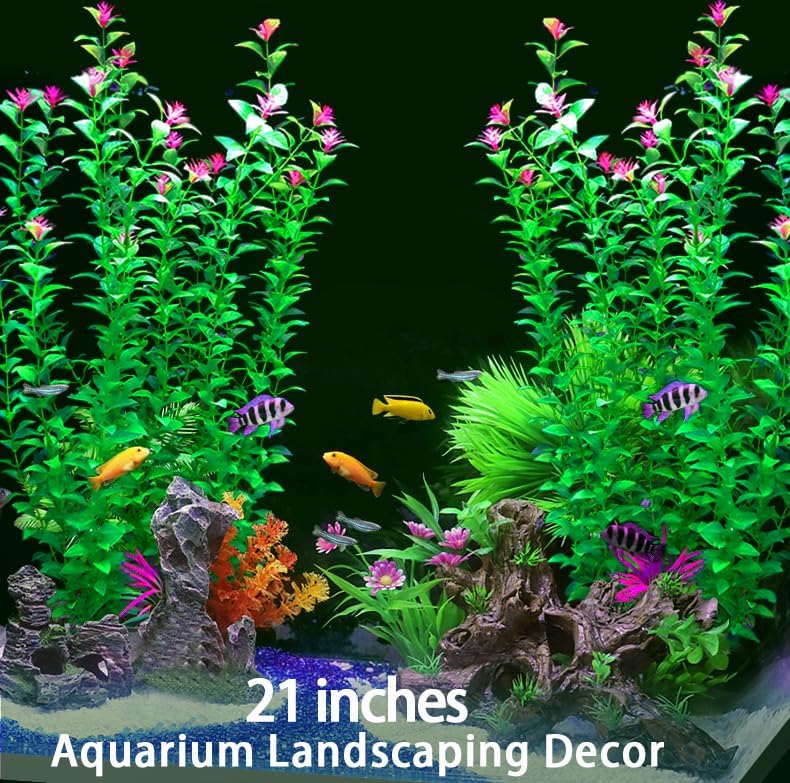 2 pcs Aquarium Decor Plants 21 Inches Extra Large Artificial Plastic Fish Tank Plants with Flowers, Tall Fish Tank Decoration for Betta Fish Tank