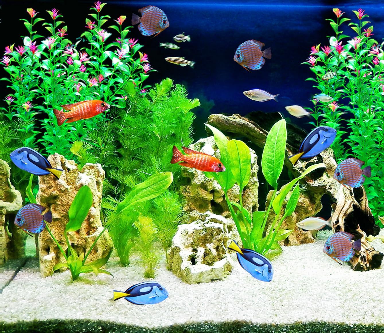 2 pcs Aquarium Decor Plants 21 Inches Extra Large Artificial Plastic Fish Tank Plants with Flowers, Tall Fish Tank Decoration for Betta Fish Tank