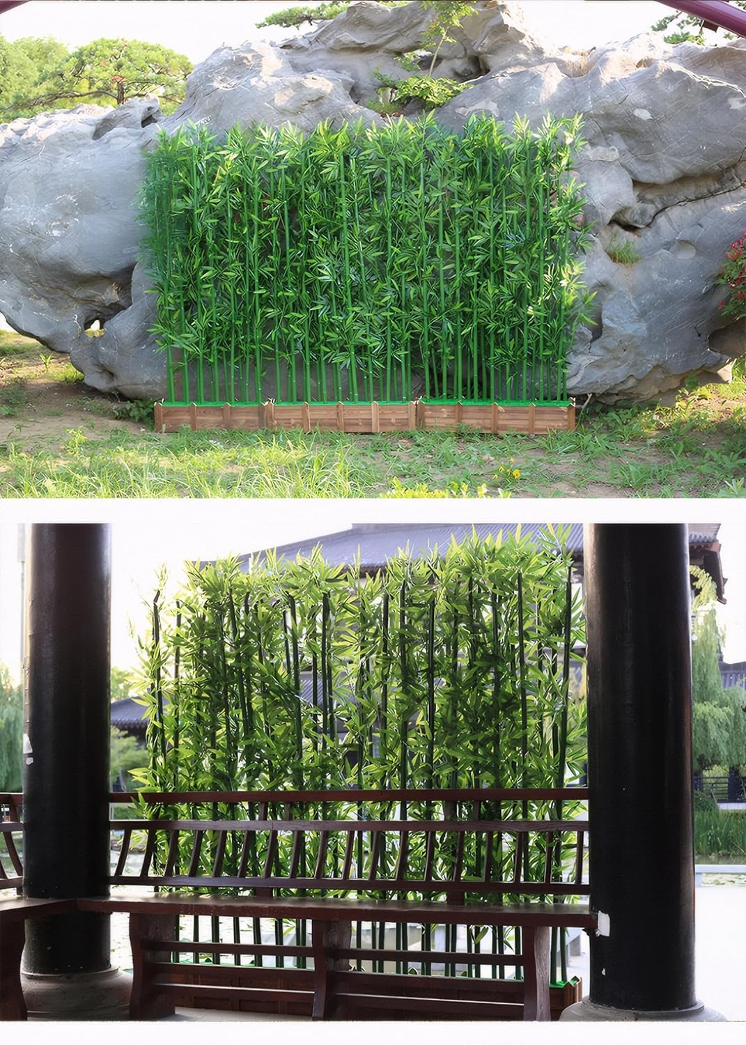 Artificial Bamboo Privacy Screen - 39in Solid Wood Base with 16 Thick Faux Stalks & Panda Decor - UV Resistant Tall Fake Plant for Indoor Outdoor Patio Divider - Dense Leaves (Green, 4FT/1.2M)