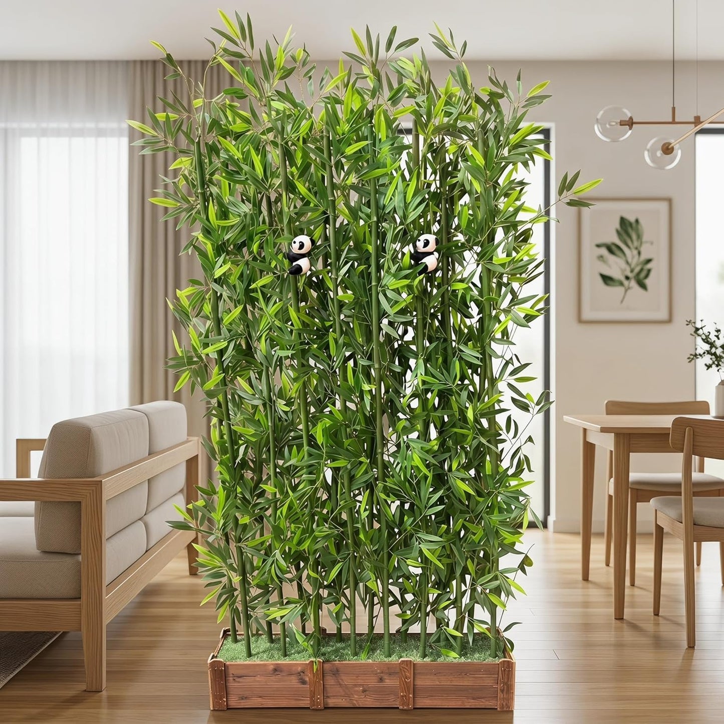 Artificial Bamboo Privacy Screen - 39in Solid Wood Base with 16 Thick Faux Stalks & Panda Decor - UV Resistant Tall Fake Plant for Indoor Outdoor Patio Divider - Dense Leaves (Green, 4FT/1.2M)