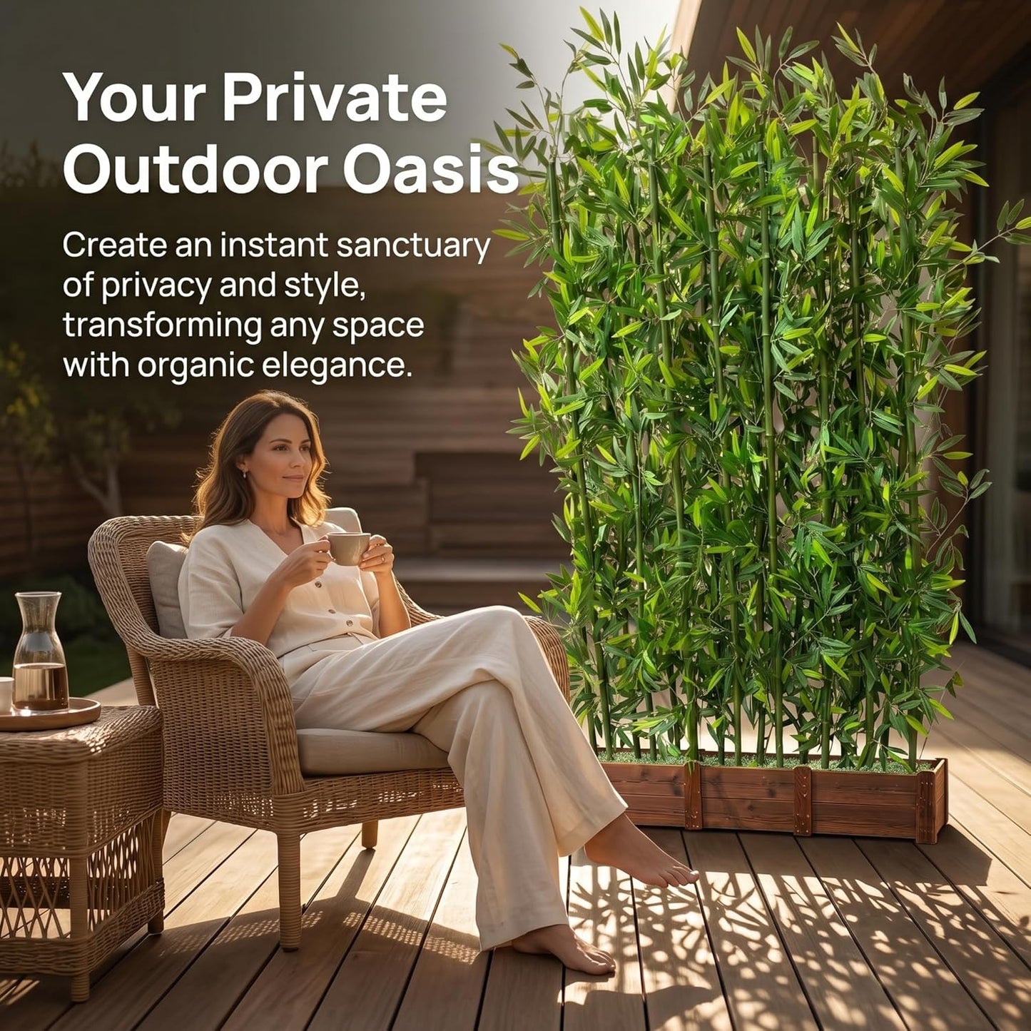 Artificial Bamboo Privacy Screen - 39in Solid Wood Base with 16 Thick Faux Stalks & Panda Decor - UV Resistant Tall Fake Plant for Indoor Outdoor Patio Divider - Dense Leaves (Green, 4FT/1.2M)