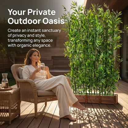 Artificial Bamboo Privacy Screen - 39in Solid Wood Base with 16 Thick Faux Stalks & Panda Decor - UV Resistant Tall Fake Plant for Indoor Outdoor Patio Divider - Dense Leaves (Green, 4FT/1.2M)