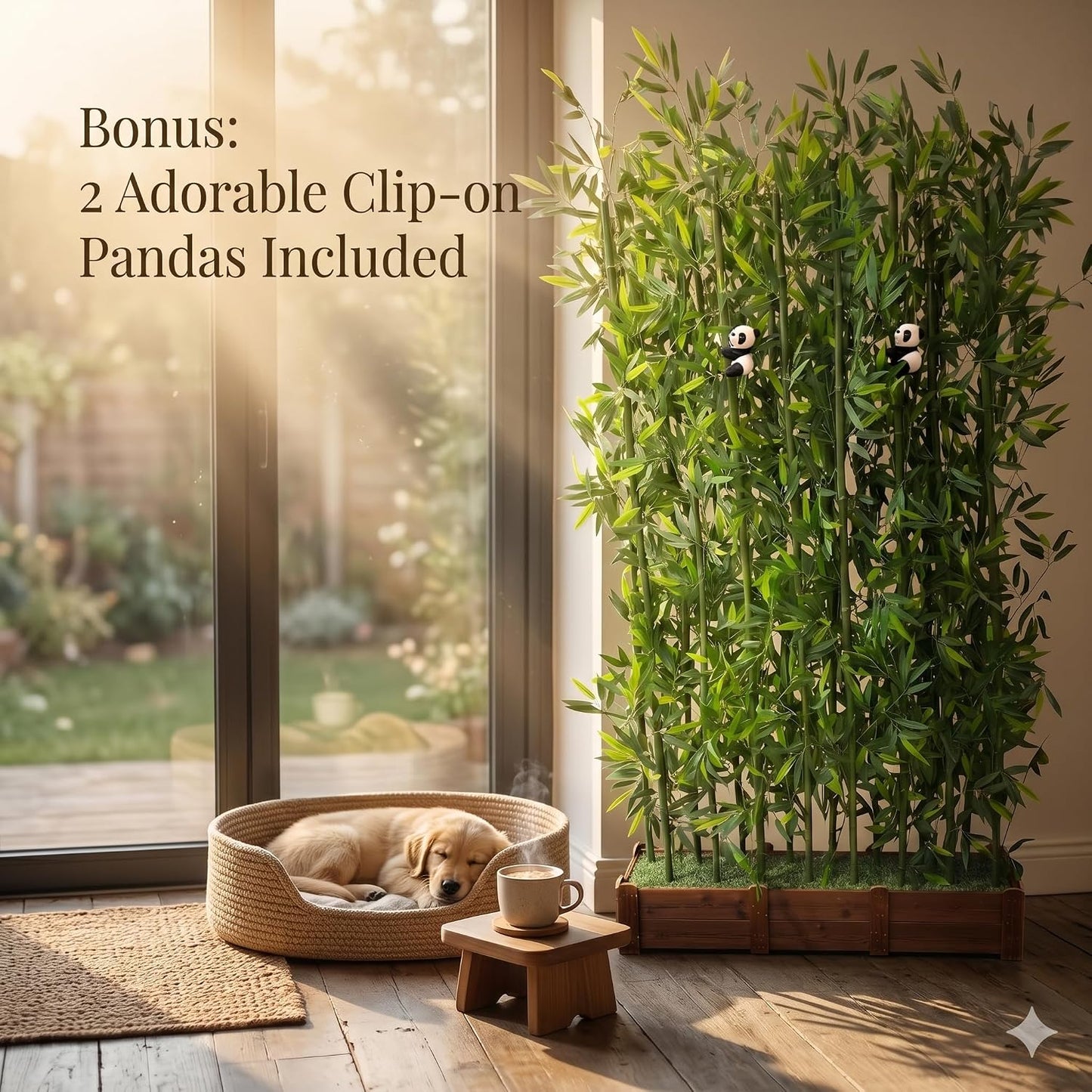 Artificial Bamboo Privacy Screen - 39in Solid Wood Base with 16 Thick Faux Stalks & Panda Decor - UV Resistant Tall Fake Plant for Indoor Outdoor Patio Divider - Dense Leaves (Green, 4FT/1.2M)