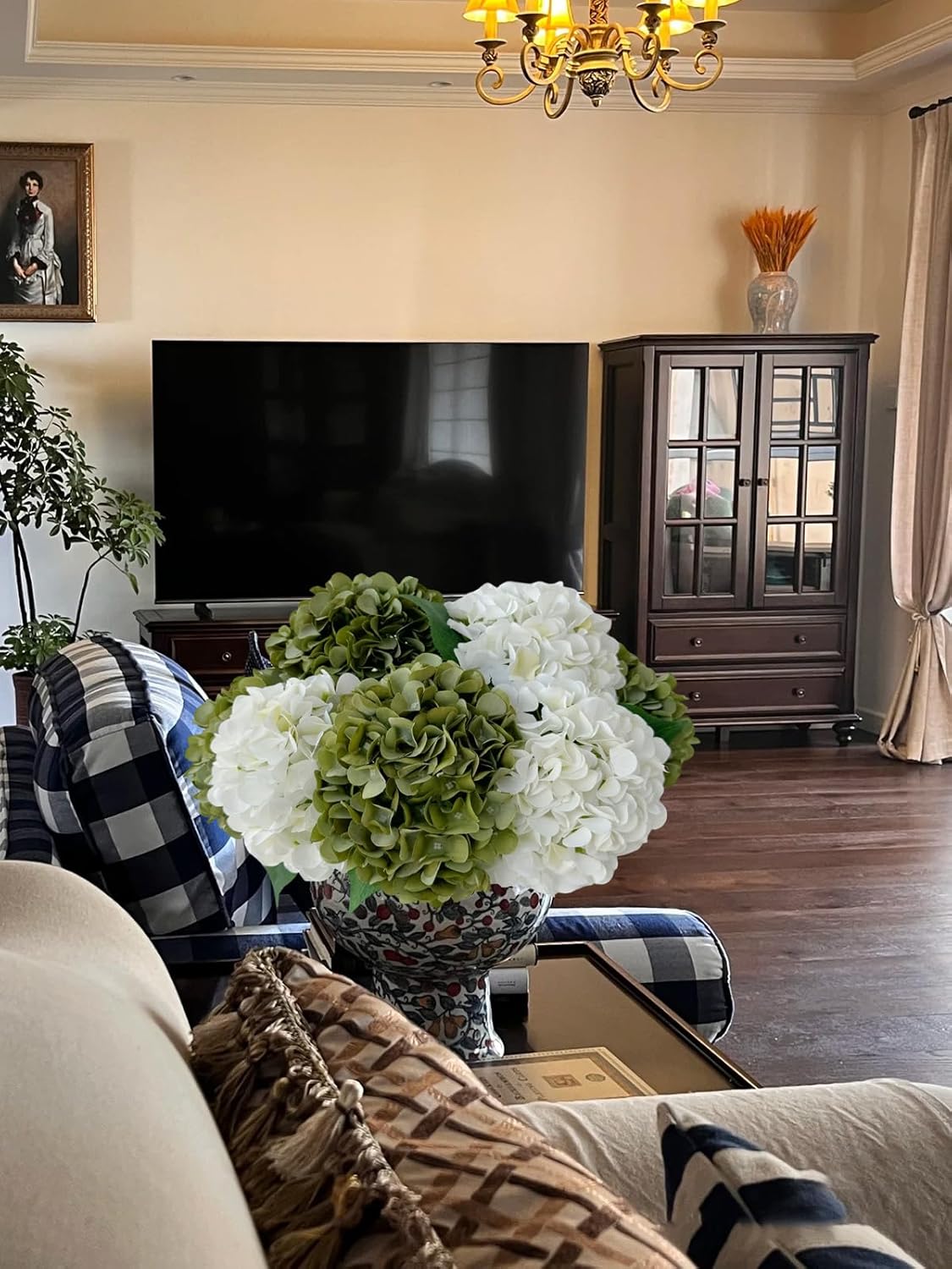 5 Pcs Silk Green Hydrangea Artificial Flowers - 20'' Faux Hydrangeas for Spring Indoor/Outdoor Home Decor & Wedding Arrangement