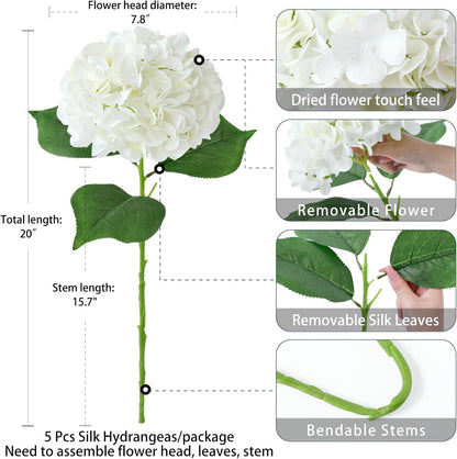 5 Pcs Silk Green Hydrangea Artificial Flowers - 20'' Faux Hydrangeas for Spring Indoor/Outdoor Home Decor & Wedding Arrangement