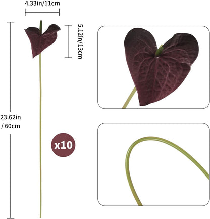10pcs Burgundy Anthurium Artificial Flowers, 23.6" Burgundy Flowers Artificial Tropical Flowers Real Touch for DIY Wedding Bouquets Centerpieces Bridal Shower Party Home Decor