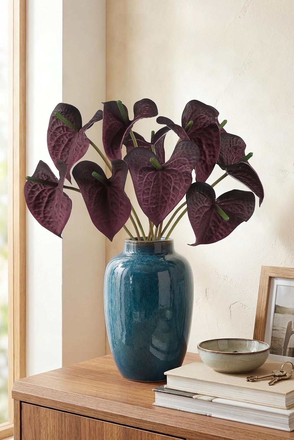 10pcs Burgundy Anthurium Artificial Flowers, 23.6" Burgundy Flowers Artificial Tropical Flowers Real Touch for DIY Wedding Bouquets Centerpieces Bridal Shower Party Home Decor