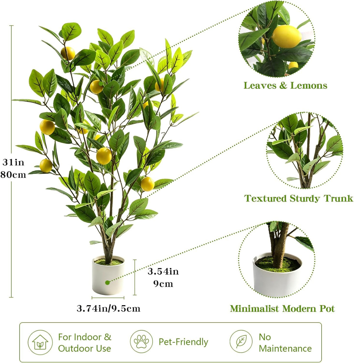 Artificial Lemon Potted Plant, 18" Indoor Fake Lemon Tree Greenery in Pot Faux Green Plants Lemon Tree Branches Stems for Kitchen Office Living Room Balcony Home Decor