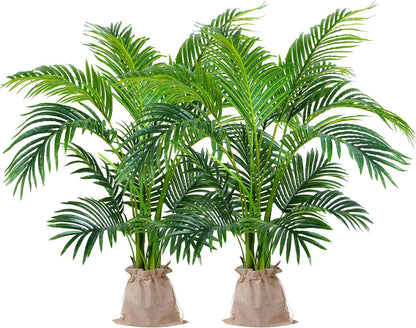 Garden 4ft Artificial Areca Palm Plant 2 Packs in Pot, Fake Cane Palm Silk Tree Indoor Outdoor, Dypsis Lutescens, 47in Lifelike Faux Silk Plant Home Decor, Two Linen Bags Included
