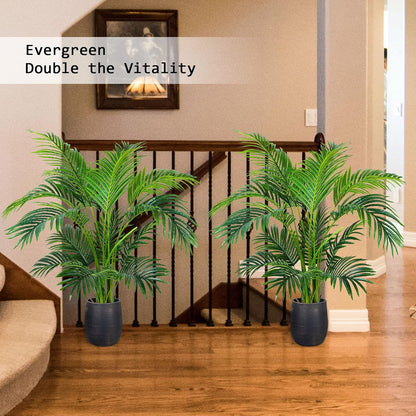 Garden 4ft Artificial Areca Palm Plant 2 Packs in Pot, Fake Cane Palm Silk Tree Indoor Outdoor, Dypsis Lutescens, 47in Lifelike Faux Silk Plant Home Decor, Two Linen Bags Included