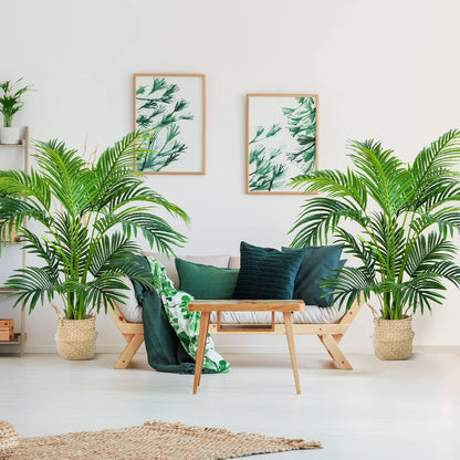 Garden 4ft Artificial Areca Palm Plant 2 Packs in Pot, Fake Cane Palm Silk Tree Indoor Outdoor, Dypsis Lutescens, 47in Lifelike Faux Silk Plant Home Decor, Two Linen Bags Included