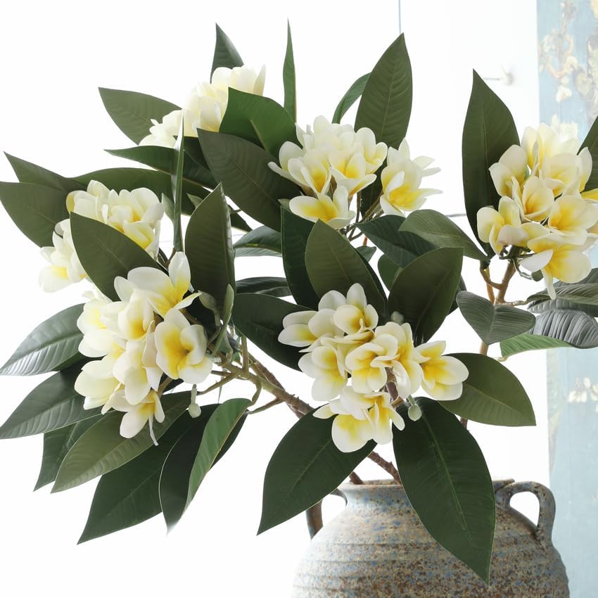 2PCS Artificial Plumeria Frangipani Flower Long Stem Real Touch Lifelike for Wedding Home Party Autumn Flowers Decoration (70CM, Beige)