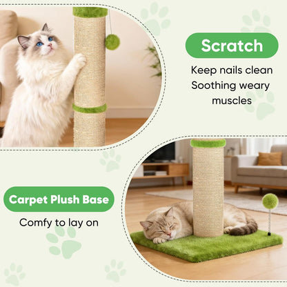 XiaZ Cat Scratching Post 34'' Tall, Durable Cat Scratch Tree Tower for Indoor Kitty with Extra Wide 15.8" Stable Base & 2 Toy Balls, Natural Sisal & Plush Fabric for Small, Medium Cats (Green, 2.8in)